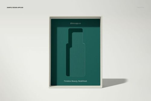 Top view of a premium box insert tray mockup with a green insert featuring a bottle-shaped cutout and minimal text.