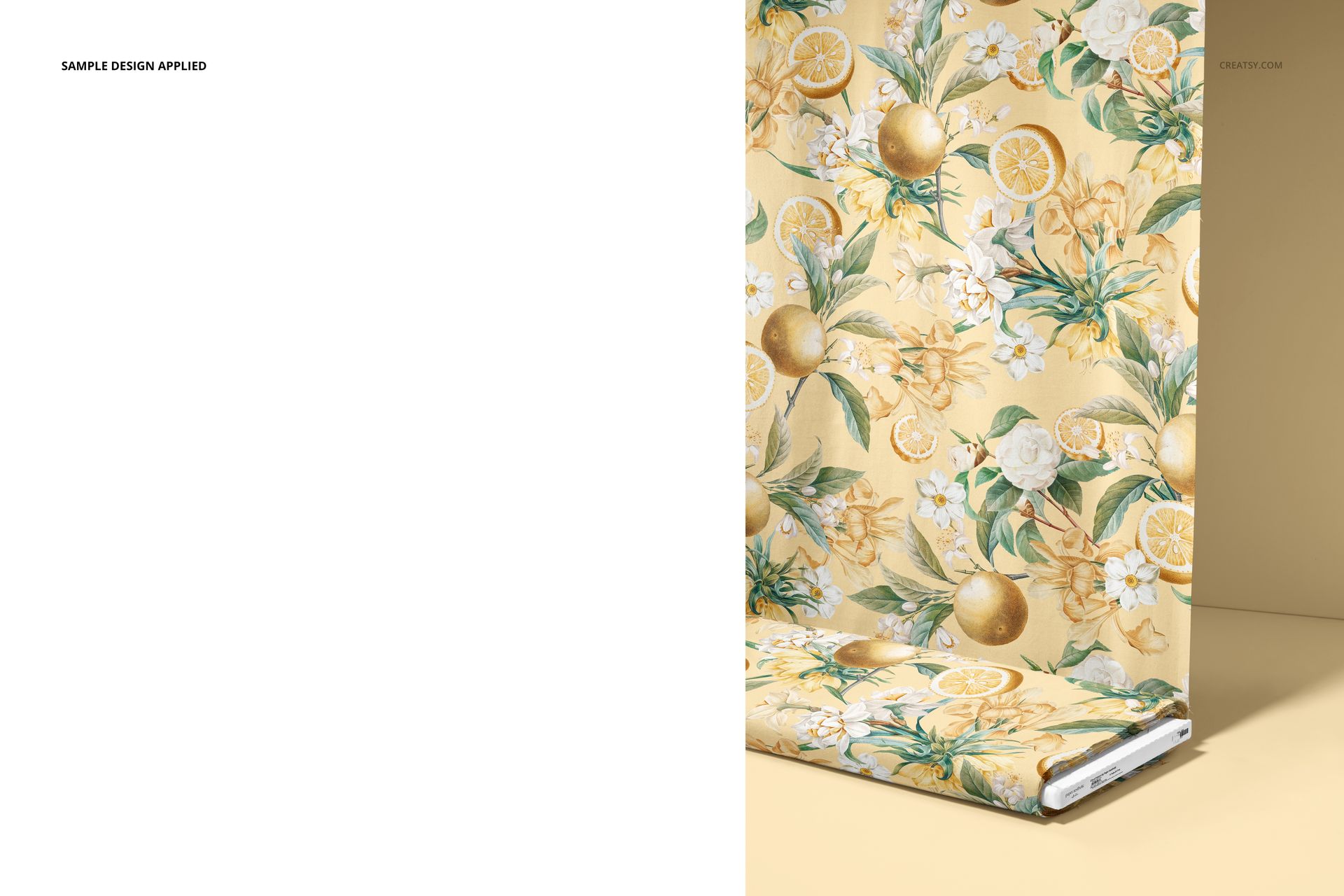 Fabric bolt mockup featuring a yellow floral and citrus pattern, shown from a front angle with rolled edge visible.