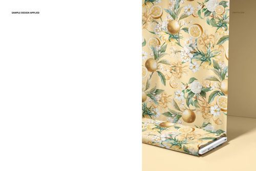 Fabric bolt mockup featuring a yellow floral and citrus pattern, shown from a front angle with rolled edge visible.