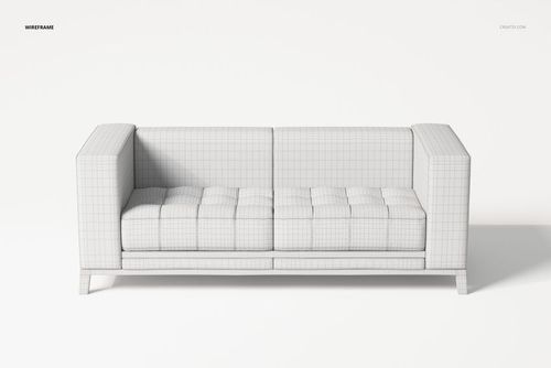 Front view of a modular sofa 3D model in wireframe style, featuring a grid pattern and neutral background.
