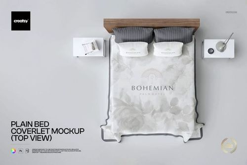 Top view of a plain bed coverlet mockup featuring a light-colored coverlet on a double bed with two pillows and white nightstands on each side.