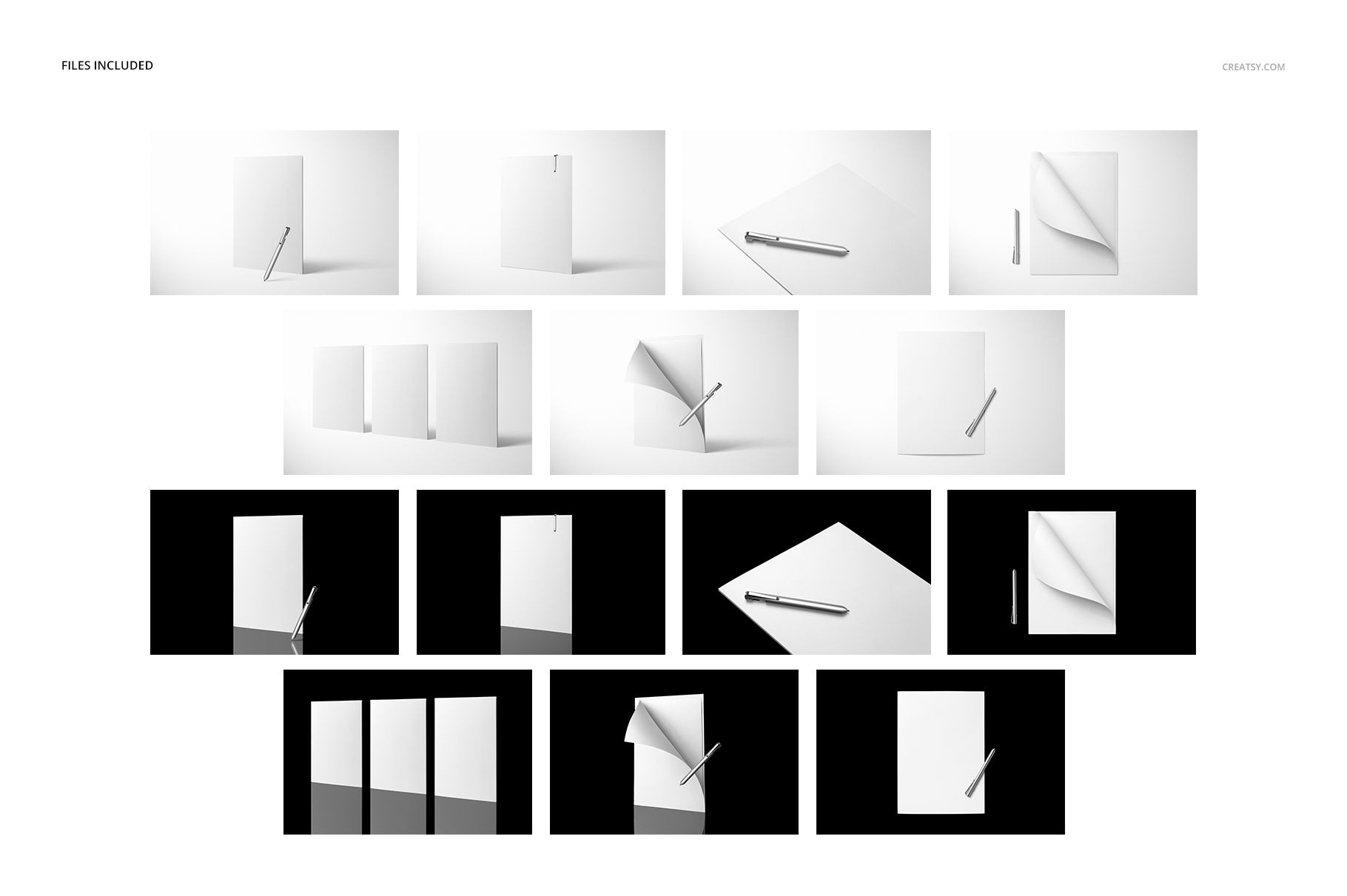 Folder mockup set featuring various white stationery folders and a pen on a plain background, shown from multiple angles.