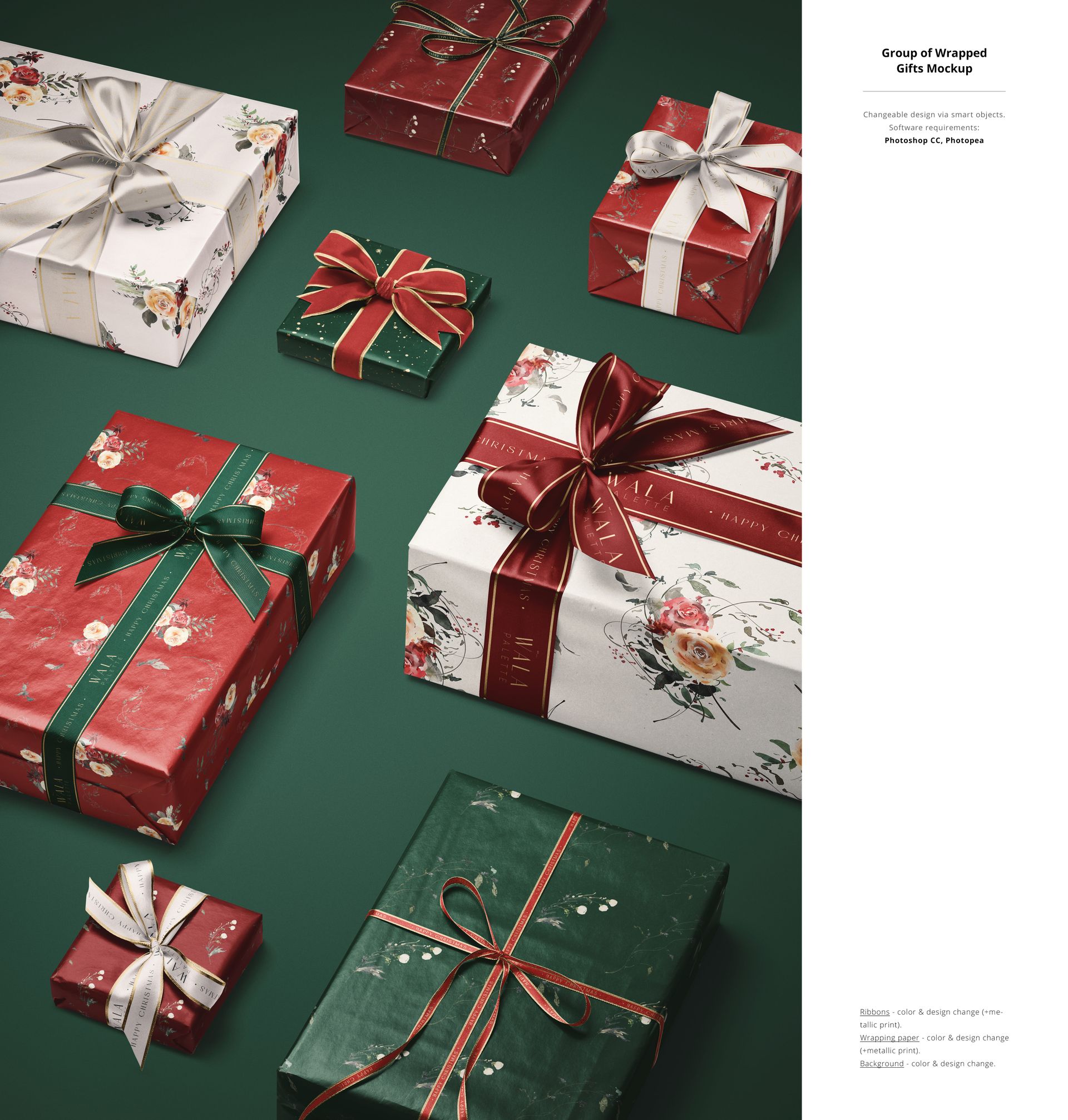 Group of holiday gift boxes in various sizes with decorative bows and floral designs, PSD mockup scene.