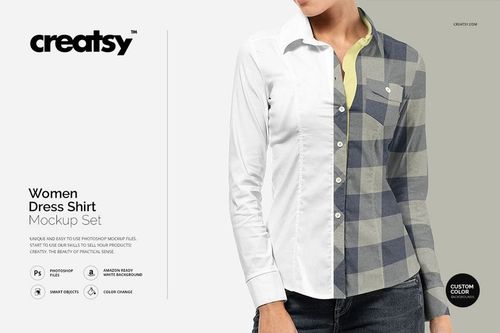 Front view of a women’s dress shirt mockup, half in solid white and half in gray plaid pattern, shown on a model.