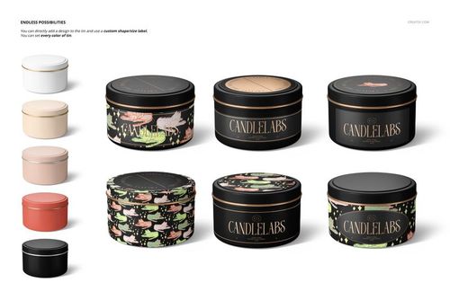 Mockup set displaying cotton wick candle tins in multiple finishes, with both solid and patterned designs, shown from the front.