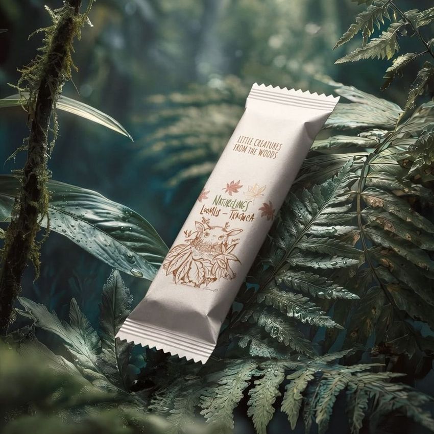Candy bar packaging mockup placed among lush green tropical leaves, featuring illustrated woodland creatures and subtle text overlay.