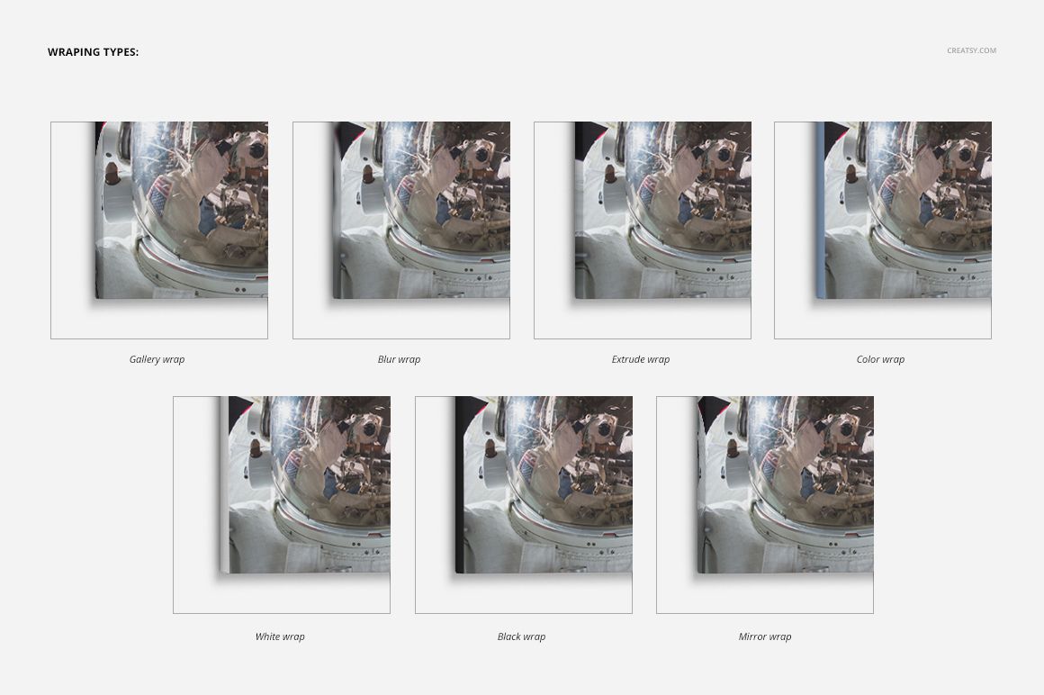 Canvas print mockup set showing eight wrapping types, each with a close-up of an astronaut image on a square canvas.