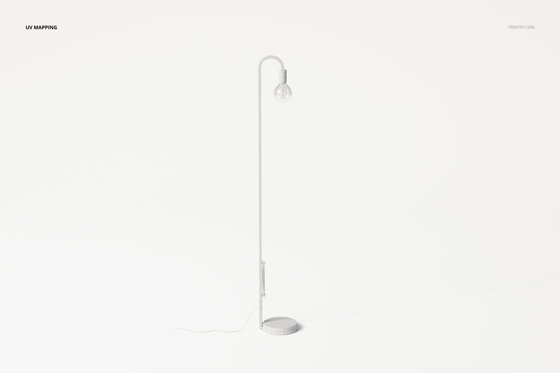 Industrial style floor lamp with a curved metal stand and exposed bulb, shown in a minimal white setting, front view.