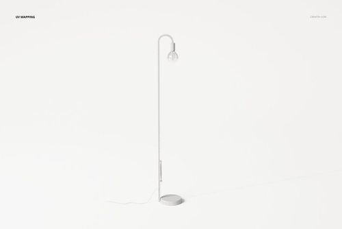 Industrial style floor lamp with a curved metal stand and exposed bulb, shown in a minimal white setting, front view.