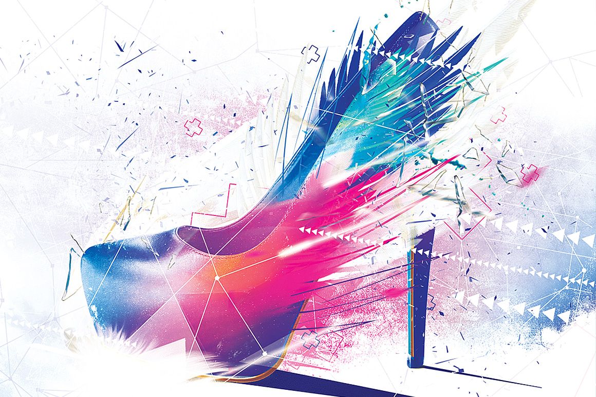 PSD mockup poster displaying a dynamic high heel graphic in bright colors with geometric and paint splash effects.