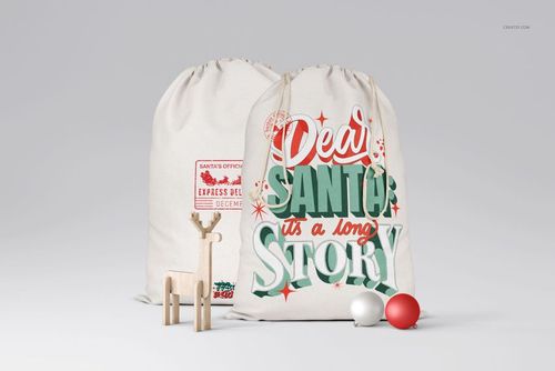 Christmas sack PSD mockup set displaying two fabric bags with colorful seasonal designs, staged with festive props.