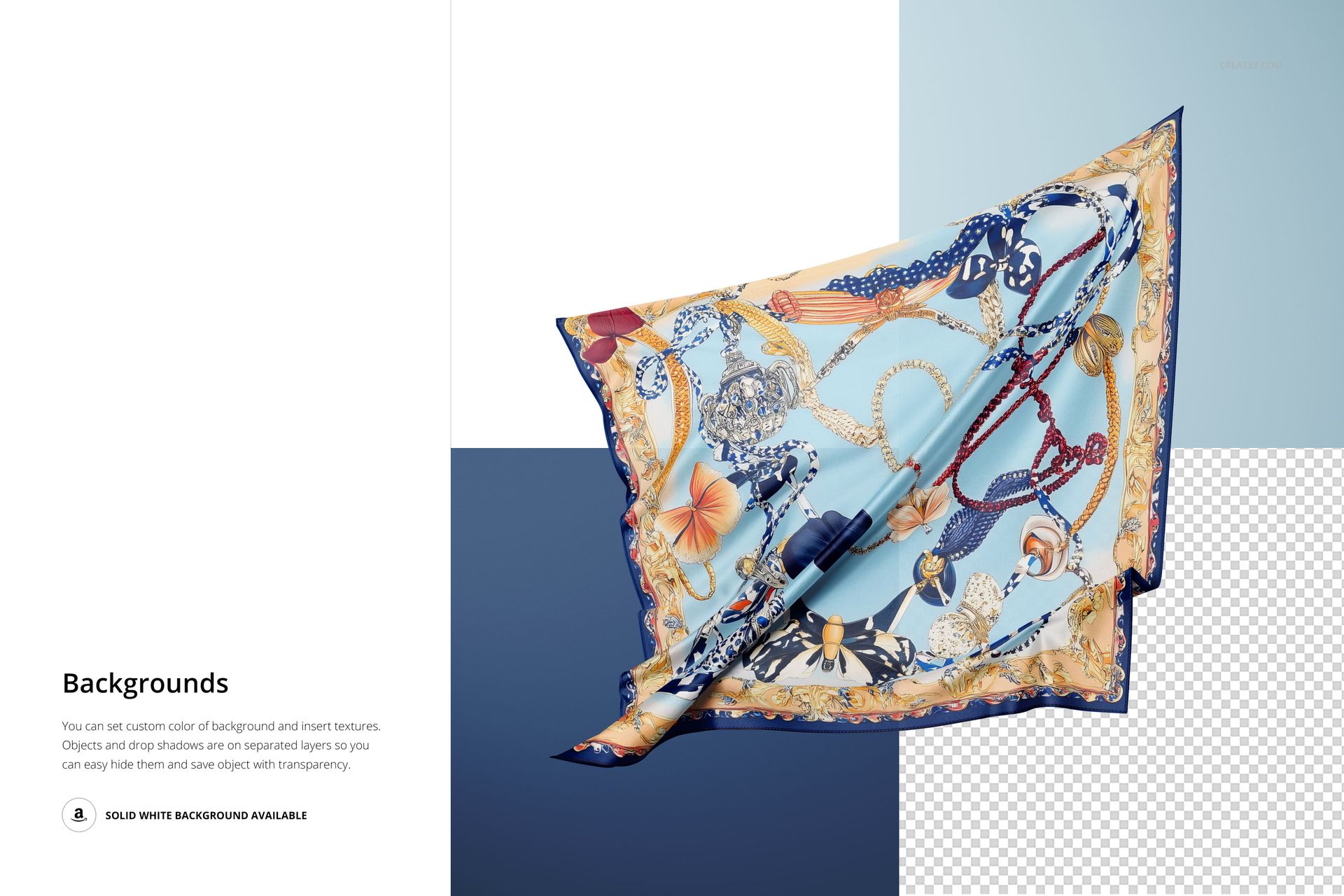 Silk scarf with ornate chain and floral pattern floating against a split blue and white background in a mockup scene.