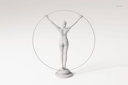 3D model of an antique classical woman sculpture standing on a round base, holding a large circular ring, rear view.