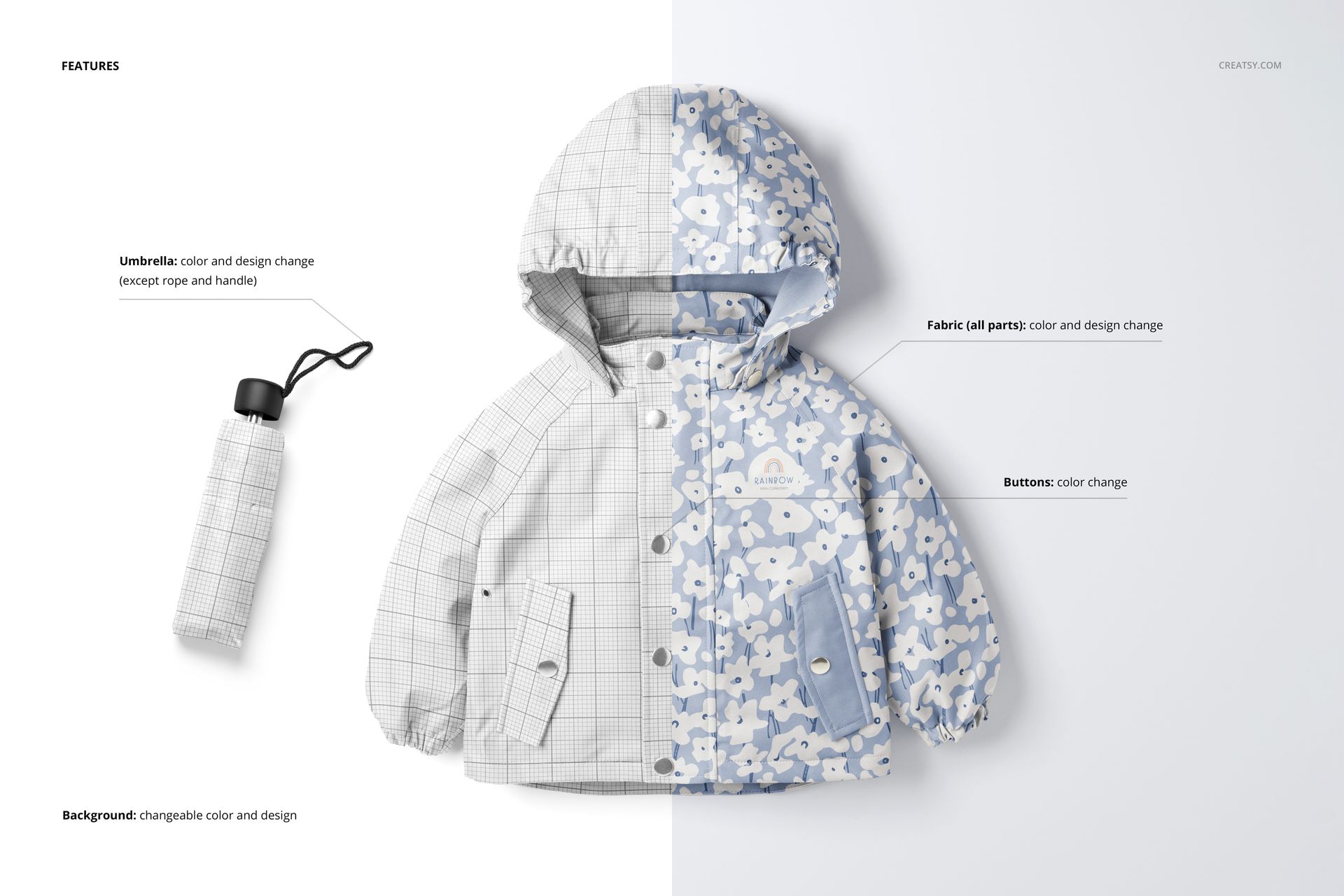 Kids rainwear mockup featuring a hooded jacket and umbrella, shown in split design with floral and grid patterns.