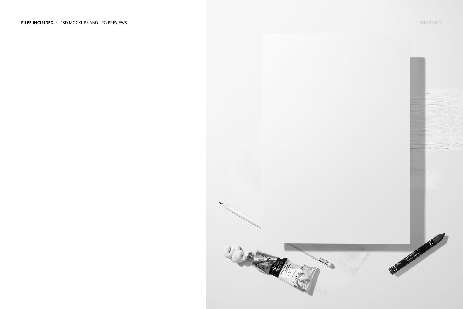 Textured white drawing paper mockup displayed from a top view with pencil, marker, and paint tube on a light surface.