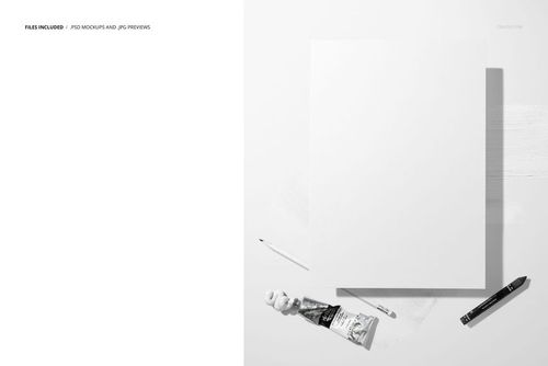 Textured white drawing paper mockup displayed from a top view with pencil, marker, and paint tube on a light surface.