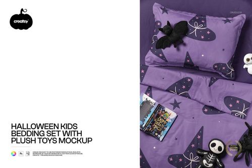 Halloween Kids Bedding Set with Plush Toys Mockup - mockup preview 1