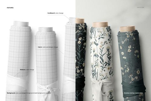 Group of fabric rolls mockup with a mix of white, gray, and dark floral designs, shown from a front perspective.