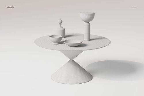 Cone base dining table 3D model in wireframe view, featuring geometric bowls and vases on a circular top.