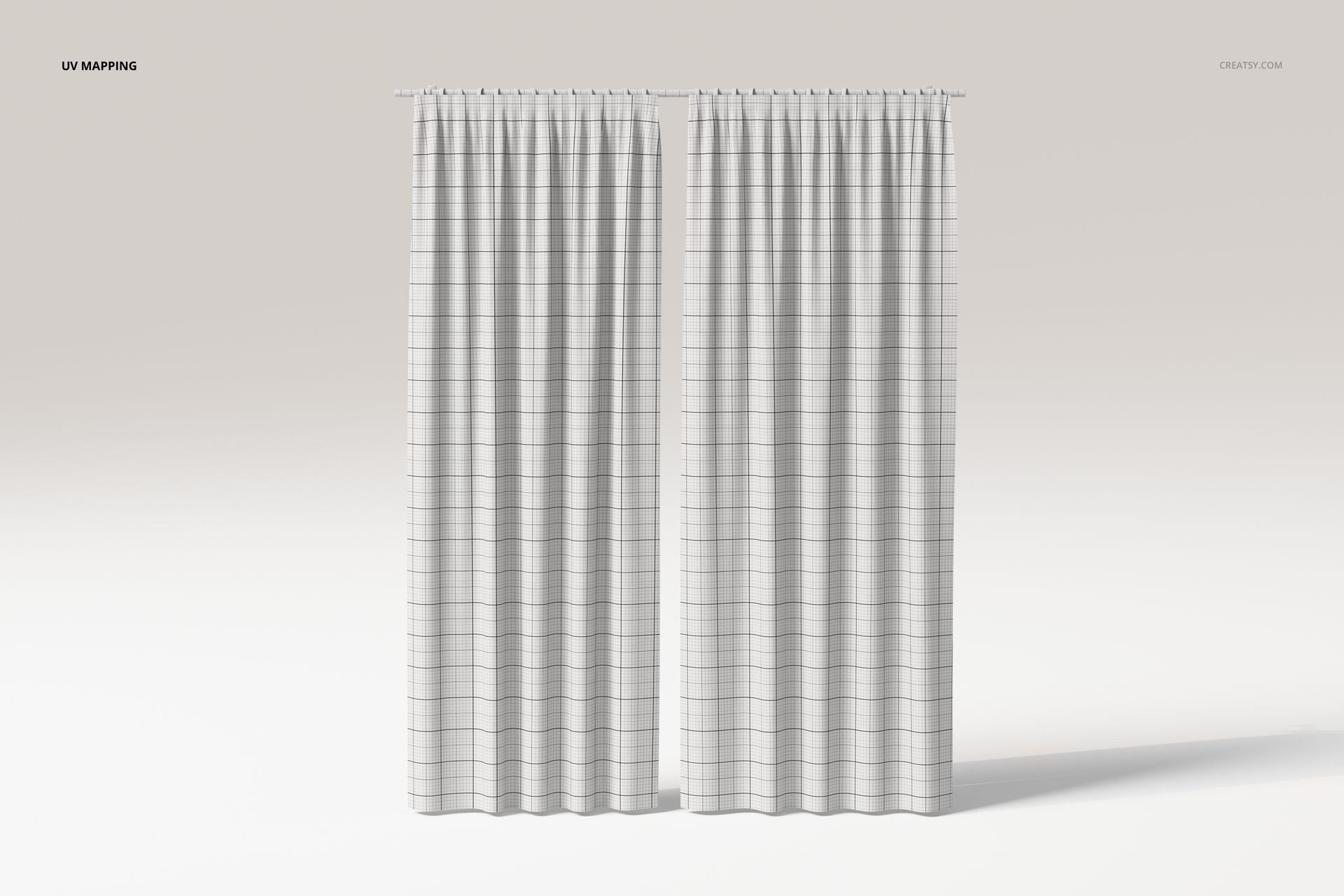Front view of open double panel curtains with a subtle grid pattern, displayed against a plain light background.