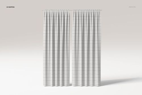 Front view of open double panel curtains with a subtle grid pattern, displayed against a plain light background.