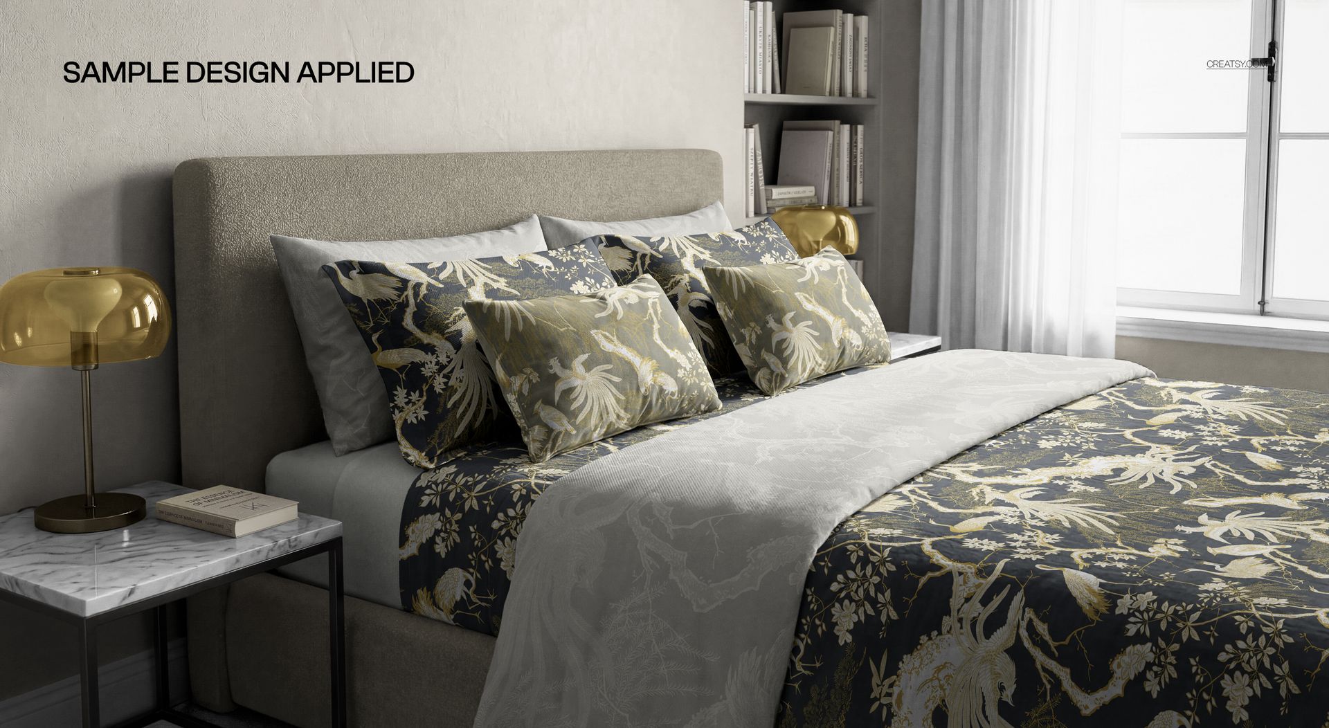 Minimalist bedroom bedding mockup showing a bed with patterned pillows and duvet in neutral and gold tones.