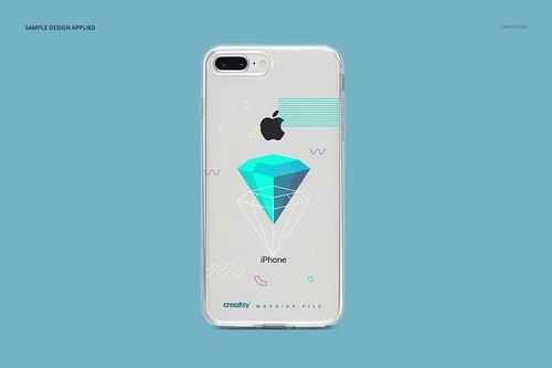 iPhone 8 Plus clear case mockup featuring abstract turquoise diamond artwork, displayed from rear view on blue backdrop.
