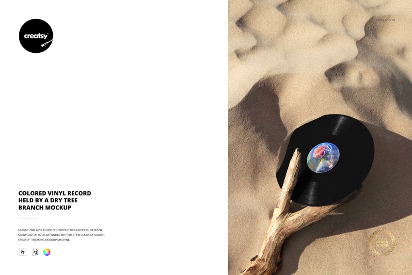 PSD mockup of a vinyl record held by a dry tree branch on textured sand, showing a realistic overhead perspective.