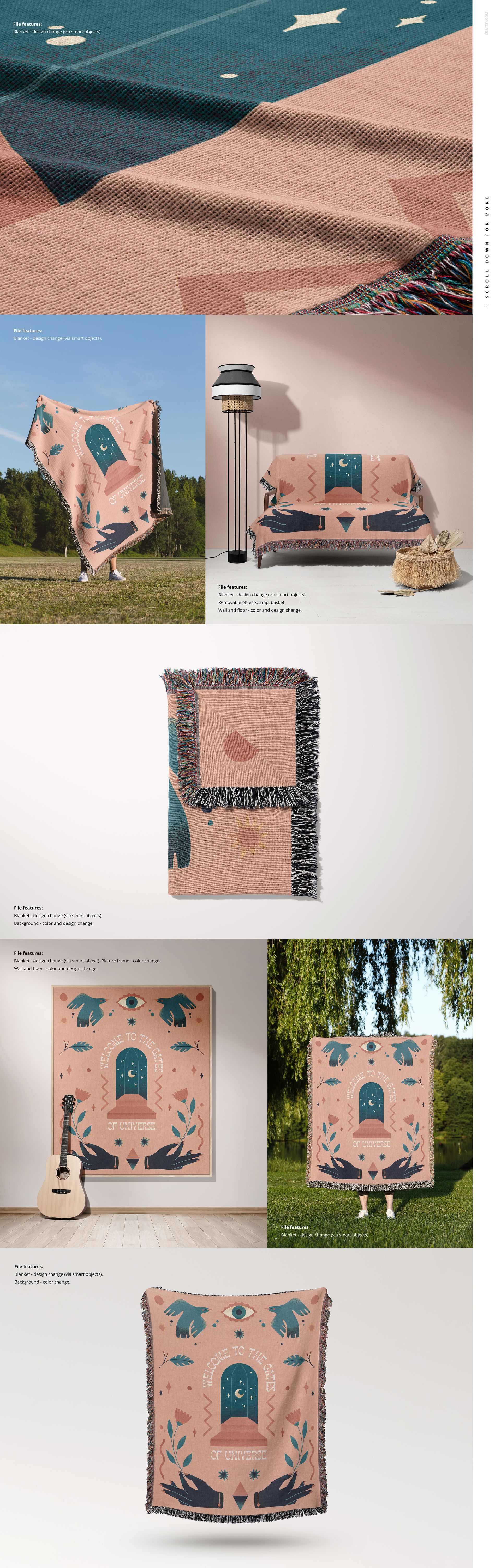 Mockup of a fringed woven throw blanket featuring blue and peach abstract designs, displayed indoors and outdoors.
