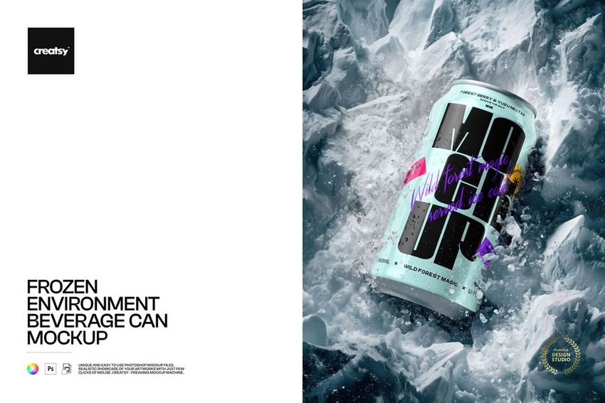 Beverage can mockup with icy blue and purple design, lying among frozen ice shards, front perspective view.