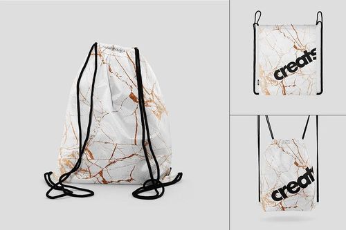 PSD mockup of a drawstring bag with black cords, white background, and orange marble design, displayed in multiple perspectives.