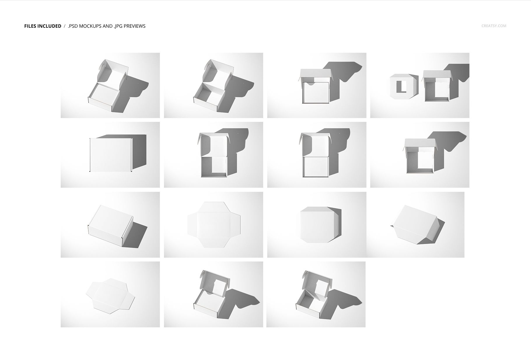 Multiple perspectives of a white mailing box mockup set with insert trays, featuring top, side, and open views.