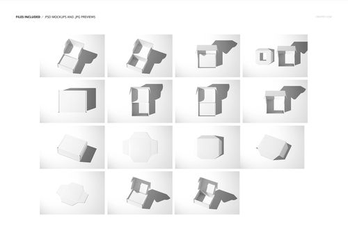 Multiple perspectives of a white mailing box mockup set with insert trays, featuring top, side, and open views.