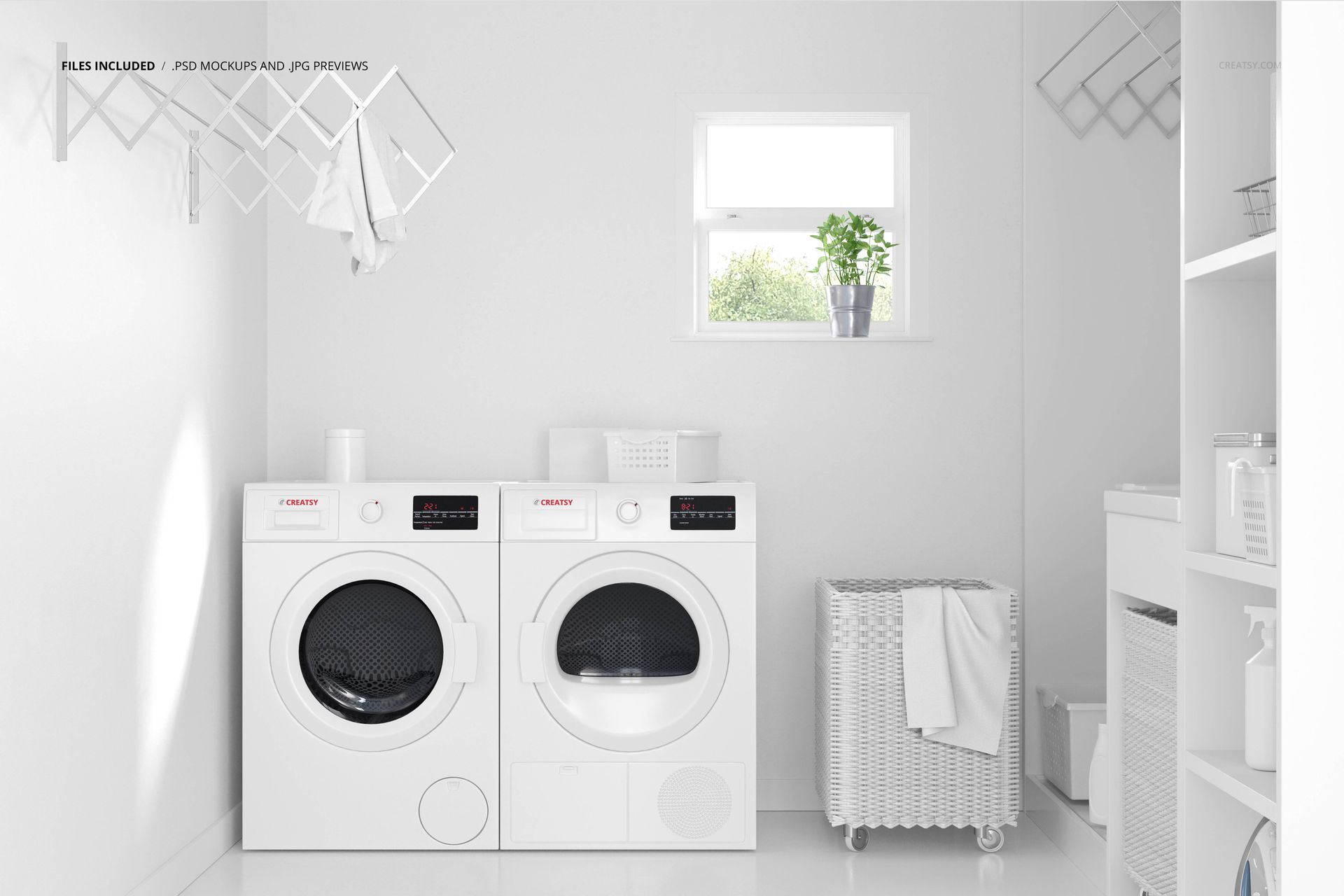Laundry room PSD mockup showing washing machines, a woven basket, hanging racks, and a small potted plant on the windowsill.