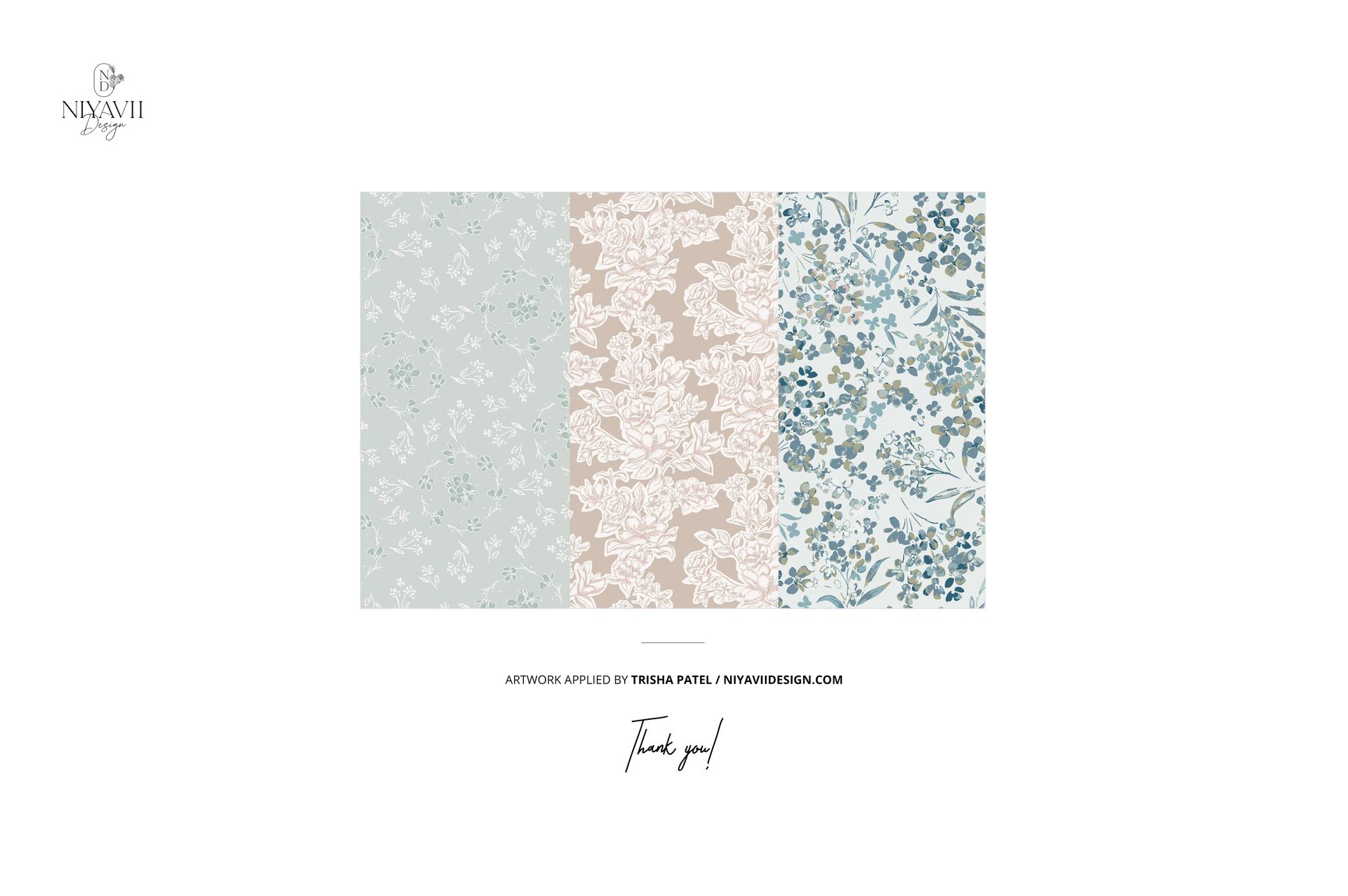 Three rectangular fabric swatches with floral patterns in blue, beige, and white, shown side by side on a plain background.
