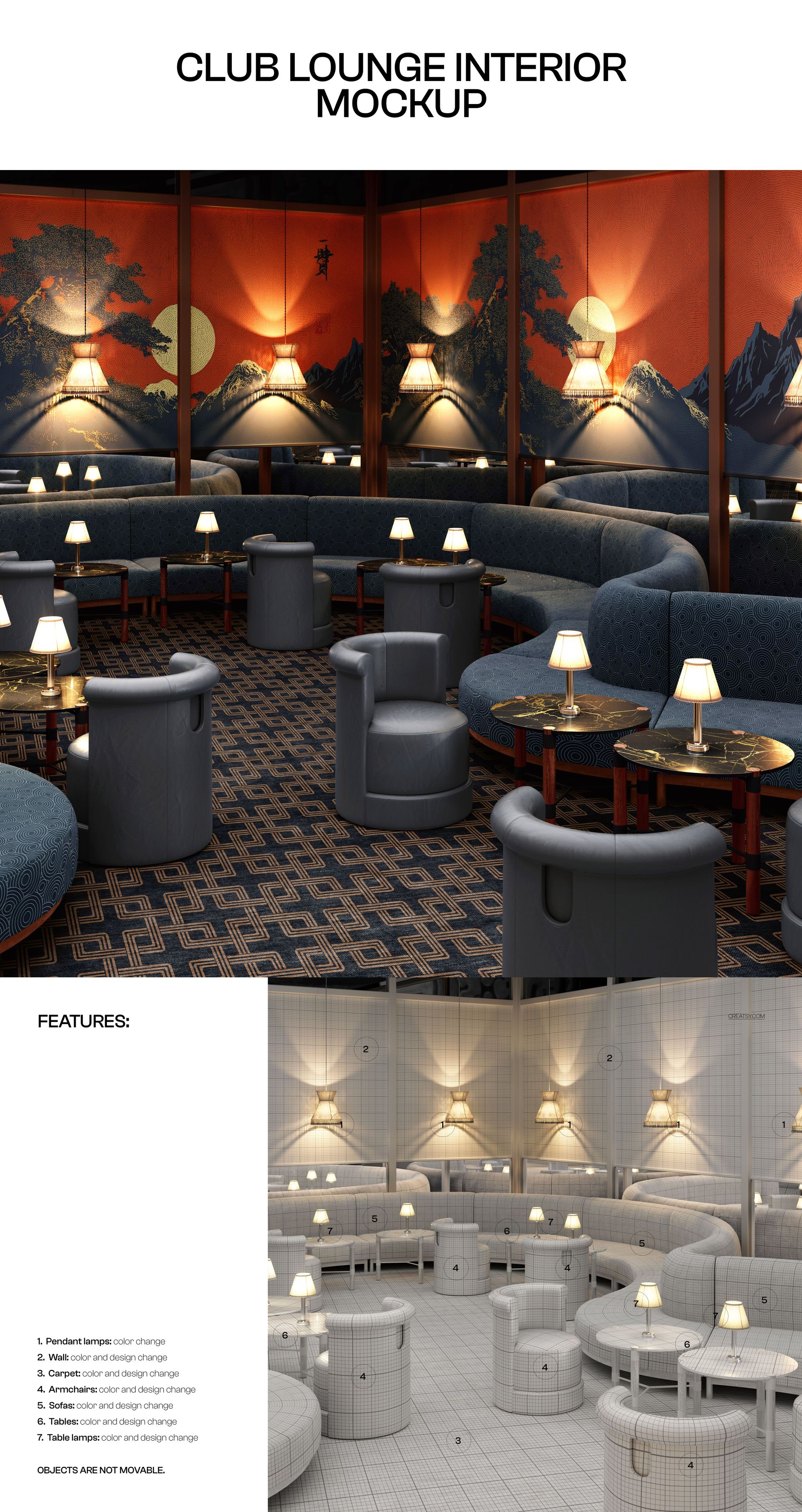 Front view of a club lounge interior mockup with curved upholstered sofas, round tables, and warm lighting.