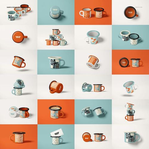 Assorted enamel mugs with geometric and text patterns, arranged in rows and columns, highlighting mockup perspectives.