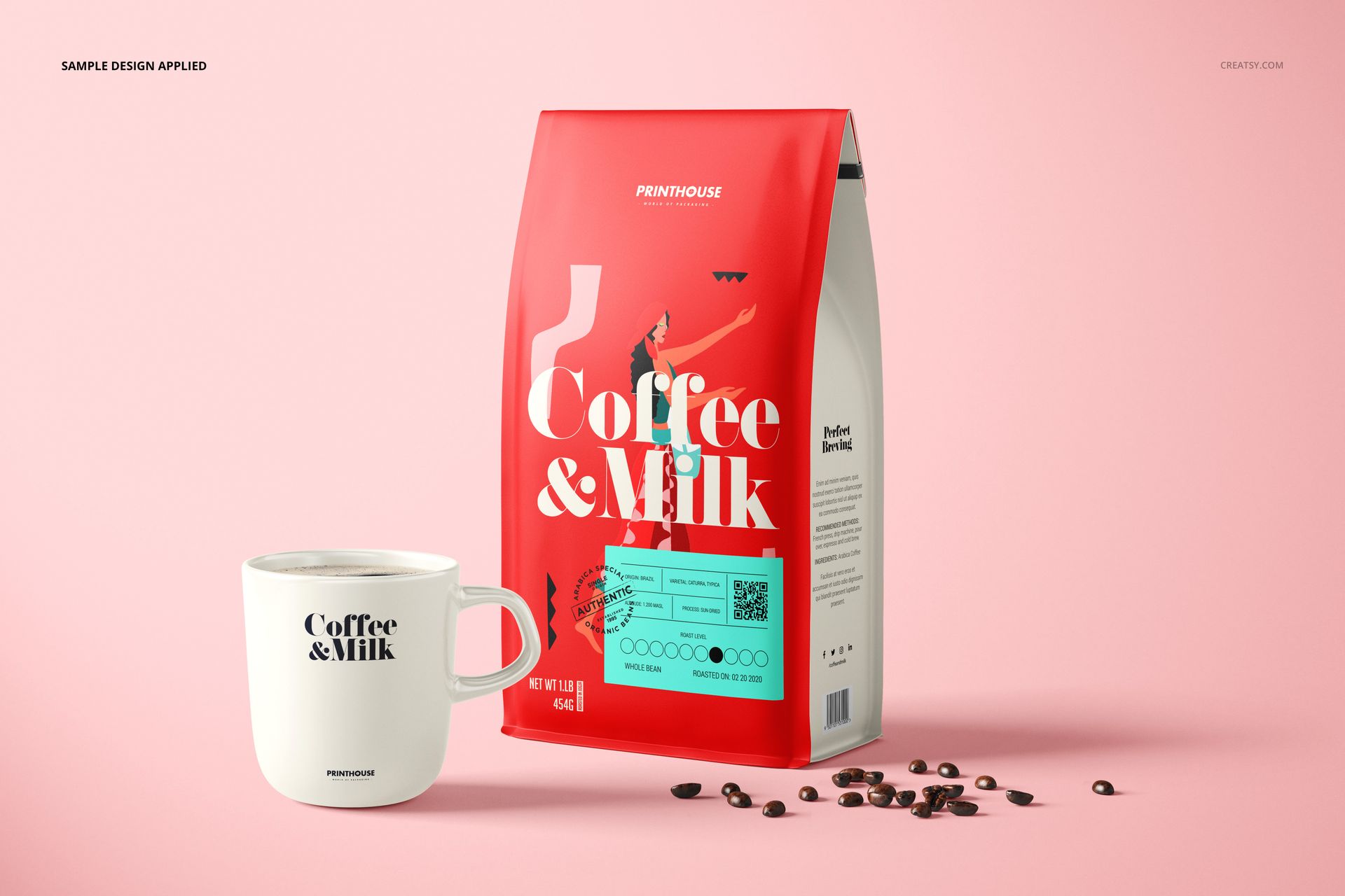PSD mockup showing a side gusset bag with modern artwork and a coffee mug, both placed on a pastel pink tabletop with coffee beans.