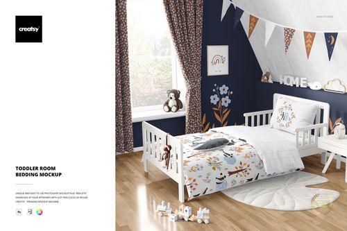 Mockup of a toddler bed with white frame, patterned bedding, matching curtains, and playful decor in a cozy children's room.