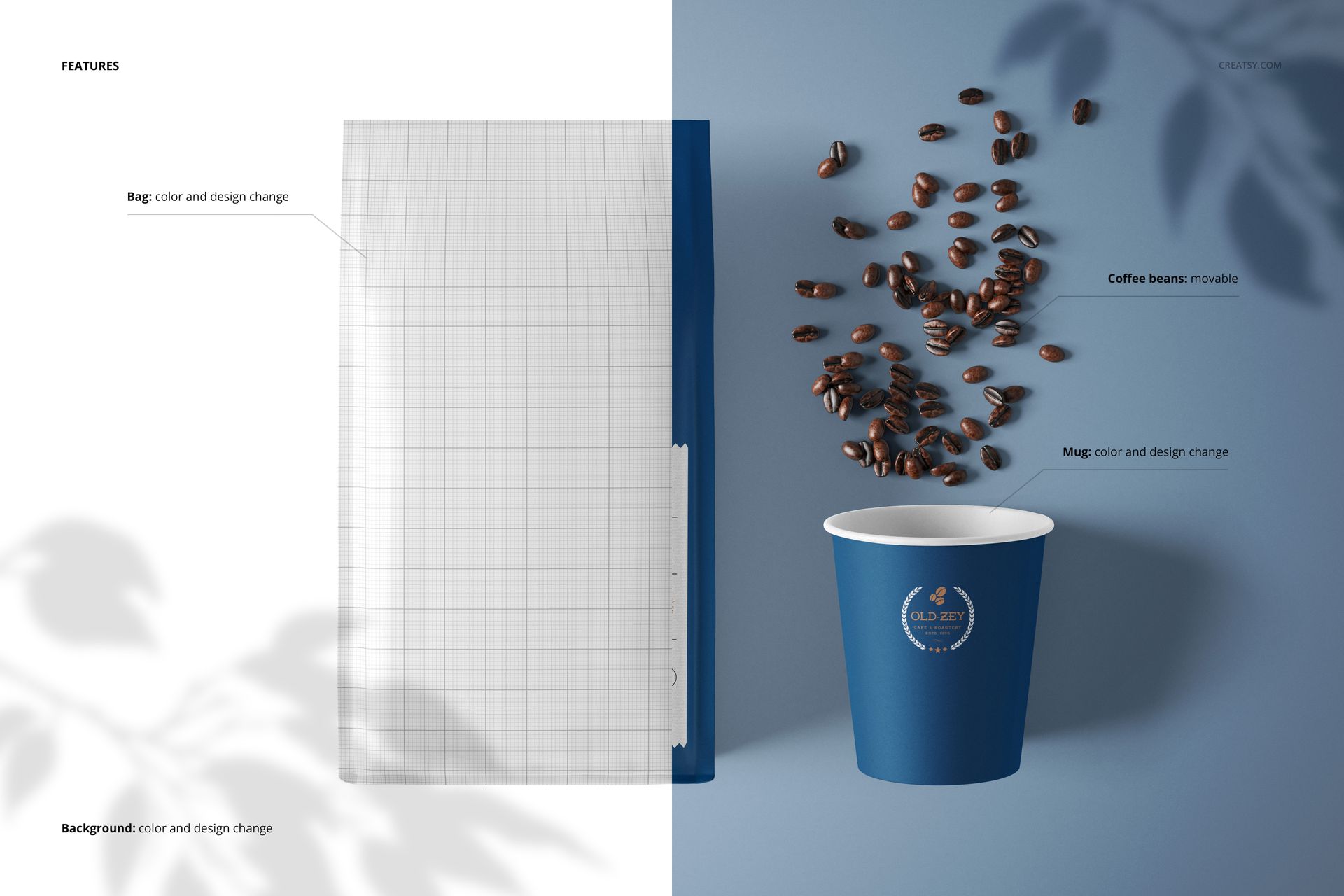 Paper coffee bag and blue mug mockup displayed on a split background with scattered coffee beans and soft shadows.