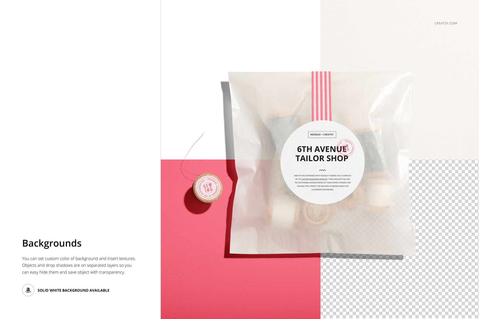PSD mockup of a glassine bag with stickers inside, set against a half pink, half white backdrop with sewing props.