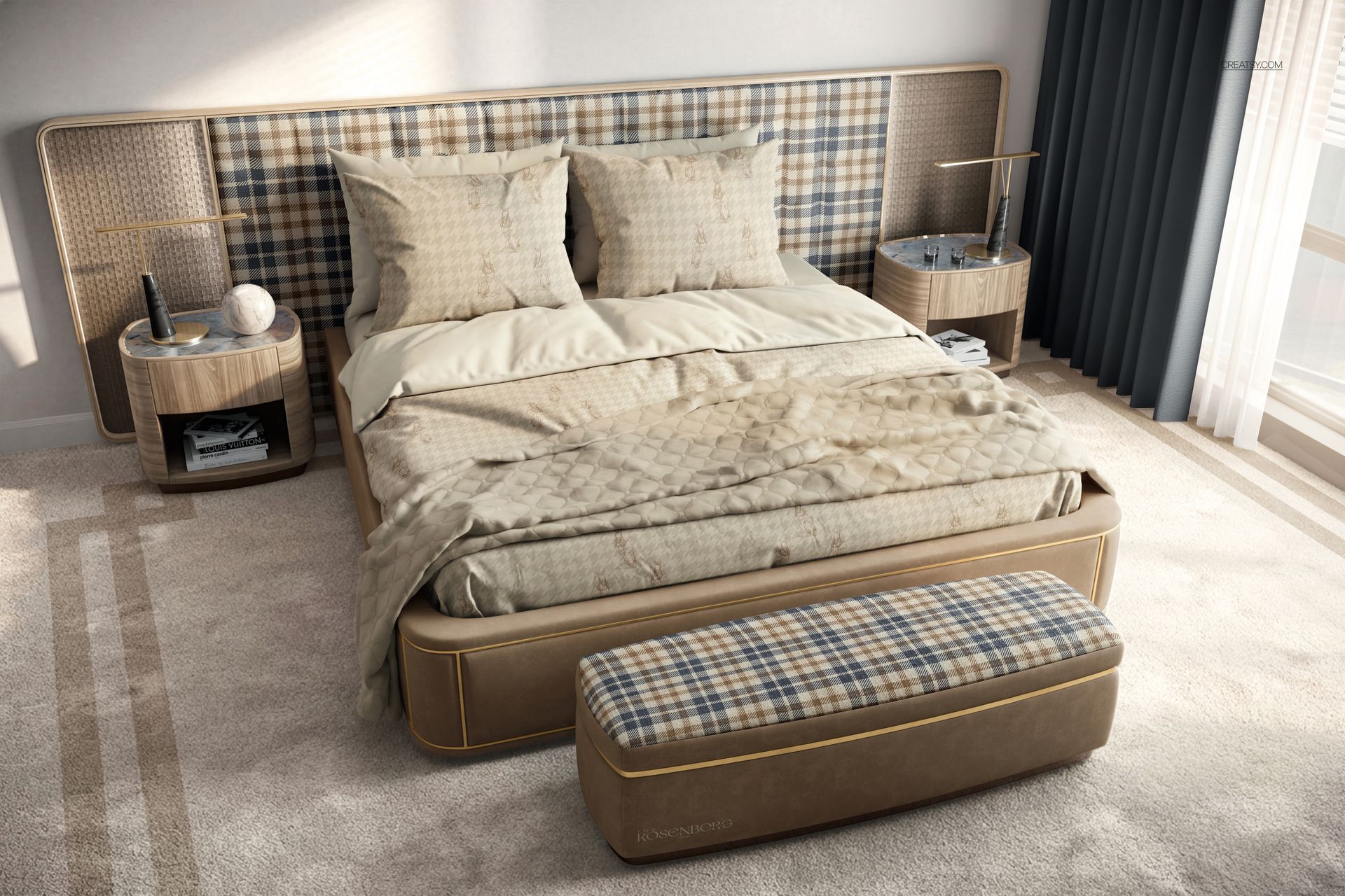 Hotel-style bedroom bedding mockup showing a neatly made bed with beige and plaid linens, front view in a modern room.