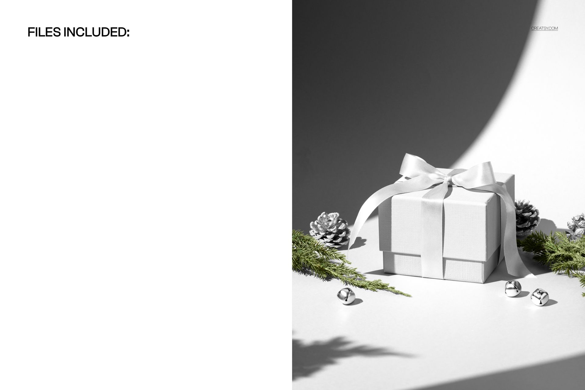 Christmas gift box mockup featuring a white box with ribbon, pine cones, and greenery on a light surface, front view.