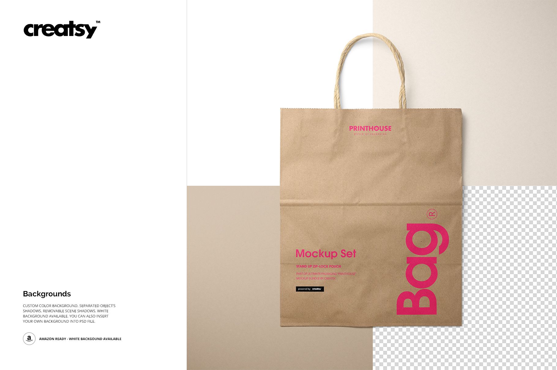 Natural kraft paper shopping bag mockup shown upright with rope handles, featuring printed text and a neutral backdrop.