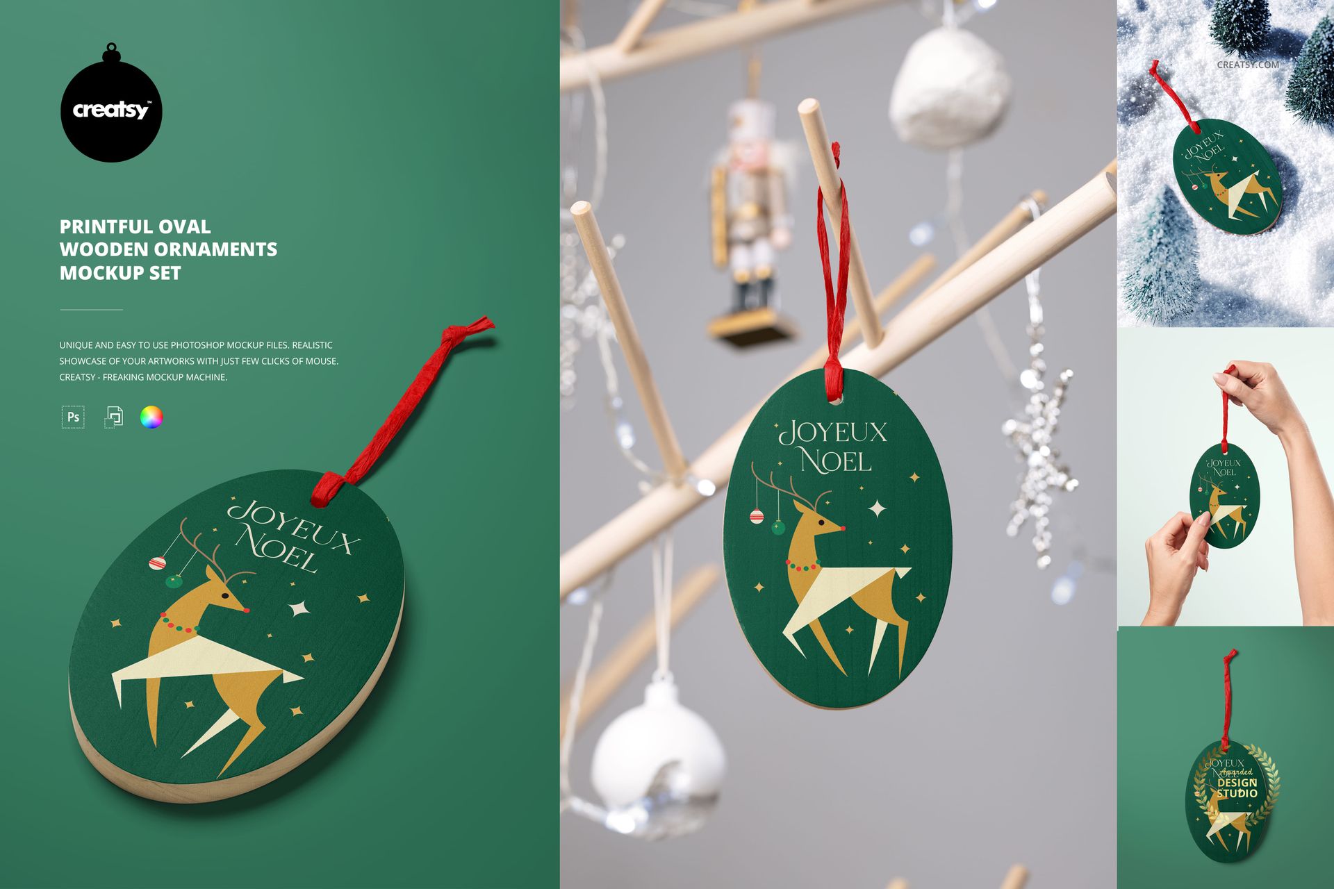 Oval wooden Christmas ornament mockup with green background, gold reindeer design, and red hanging string.