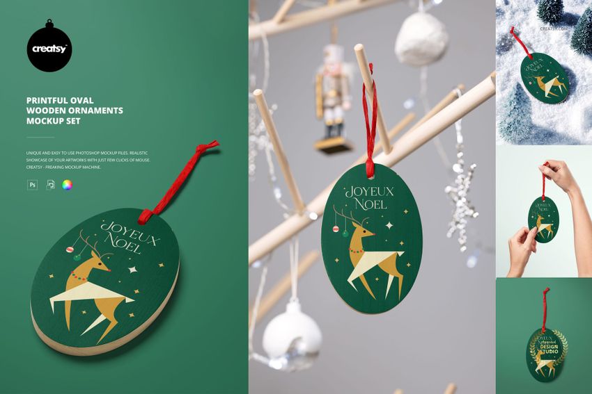 Printful Oval Wooden Ornaments Mockup Set - mockup screenshot 1