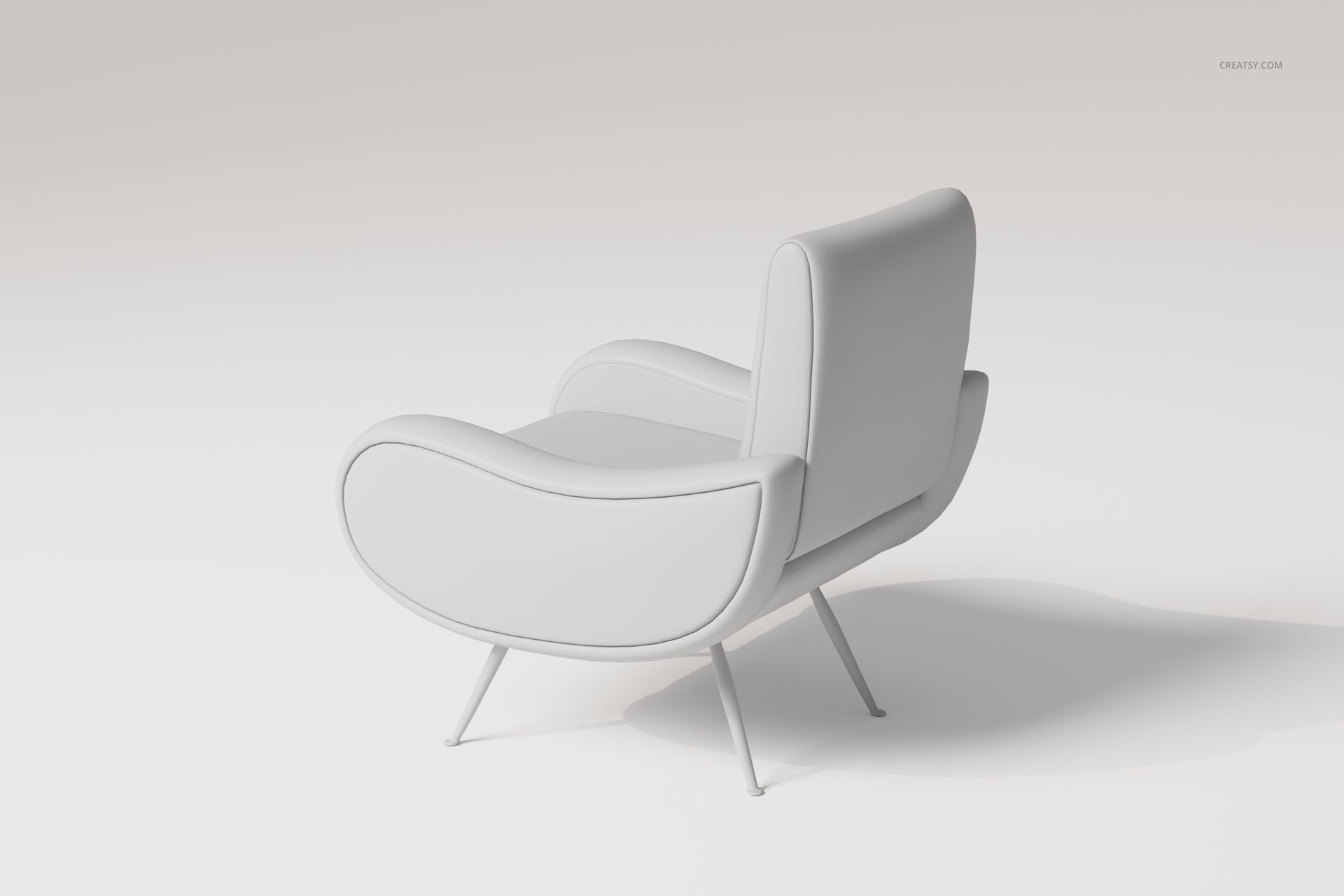 Modern lounge chair with curved armrests and backrest, shown in a white finish on angled metal legs, rear view.