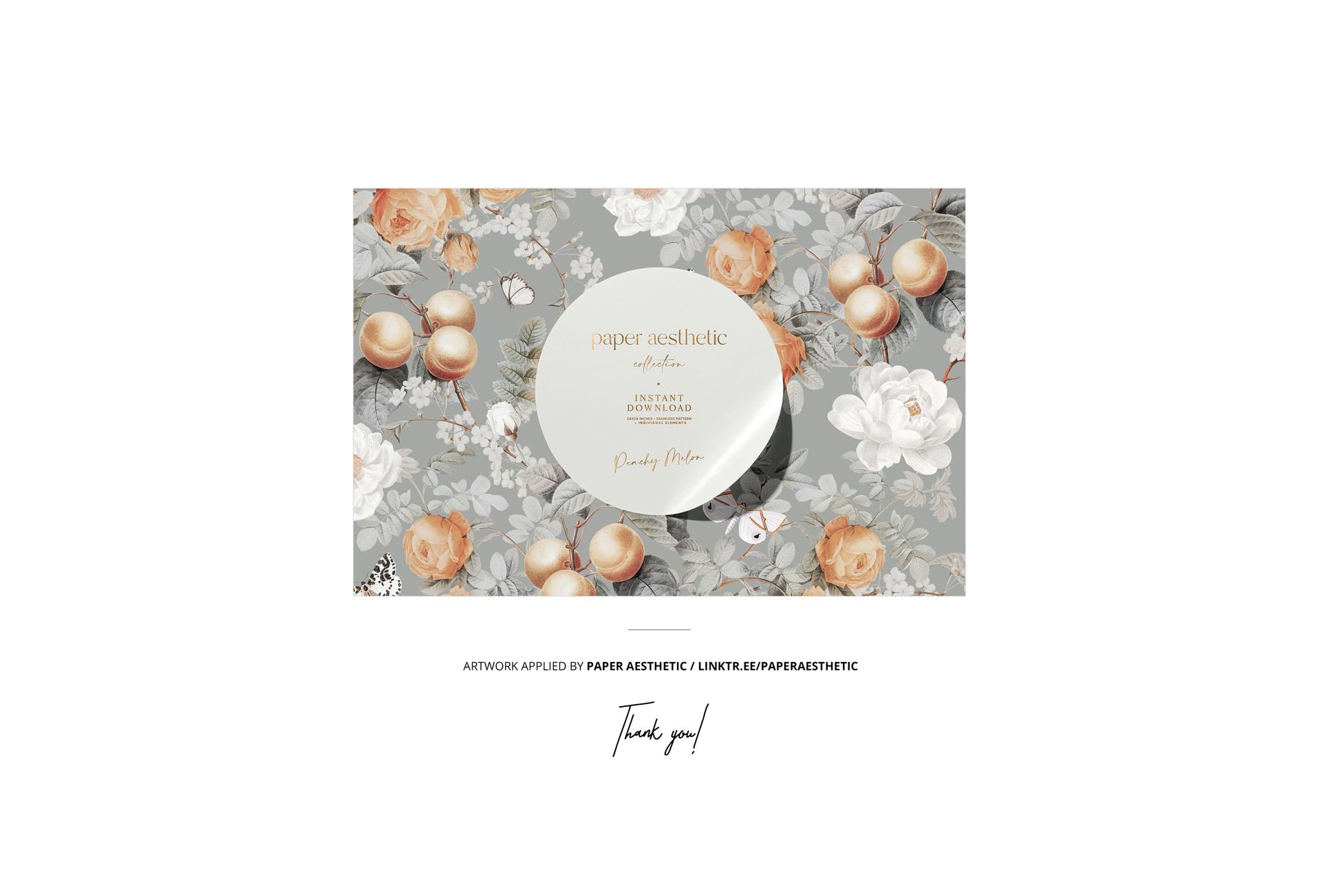 French kitchen design mockup featuring a round plate on a floral patterned surface in soft gray and orange tones.