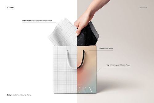 Gift bag mockup with decorative tissue paper, shown in split view with grid pattern and gradient colors, hand holding handle.
