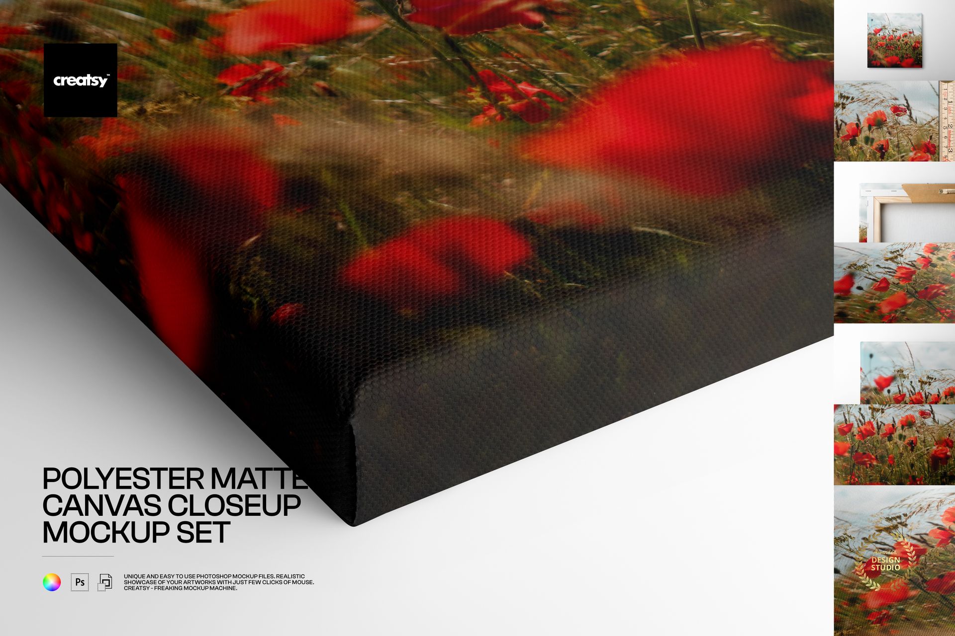 Gallery wrap canvas mockup displaying a floral design with red poppies, viewed from an angled perspective.